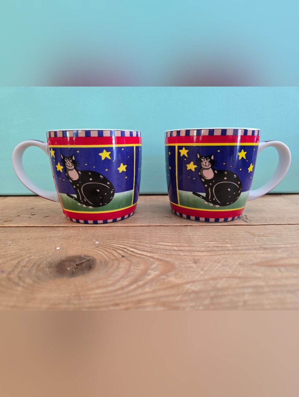 Set Of Two Nantucket Home Colorful Cat Porcelain Mug - Black Cat Design